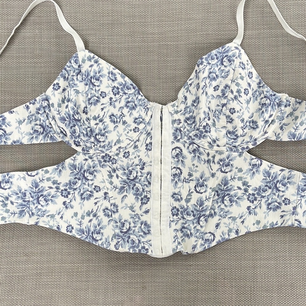 Garage Floral Blue and White Corset Style Top with Cut Outs